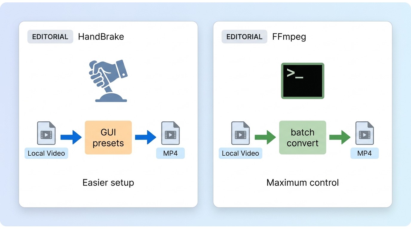 HandBrake GUI presets compared with FFmpeg command-line batch conversion