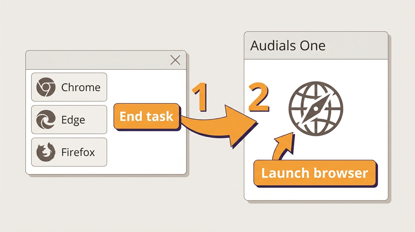 Audials One browser detection流程：结束 Chrome、Edge 和 Firefox 后由 Audials 启动浏览器