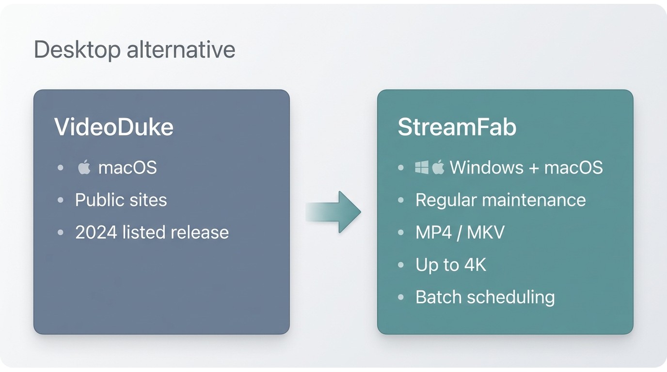VideoDuke and StreamFab comparison for macOS, Windows, maintenance, MP4 or MKV, and batch downloads.