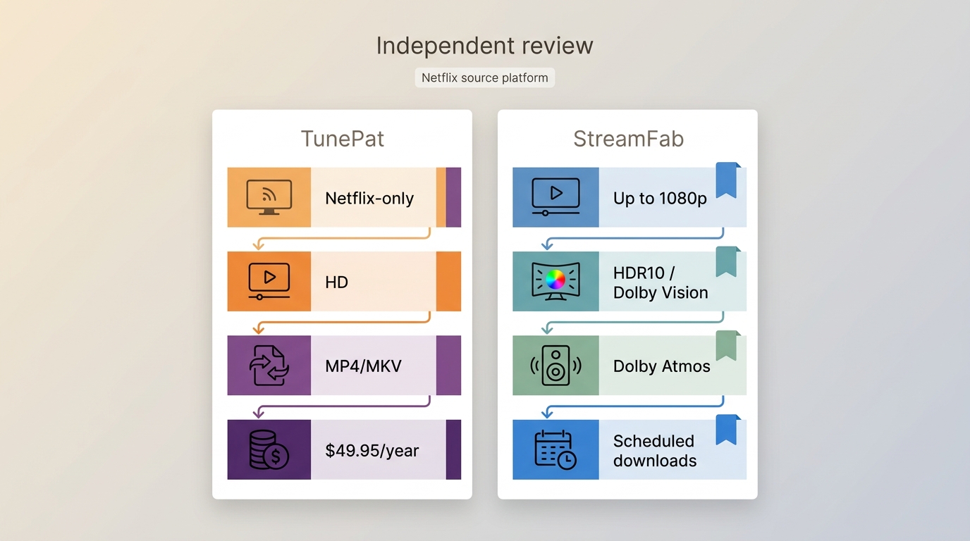Comparison of TunePat and StreamFab for HD, 1080p HDR, audio, and scheduled Netflix episodes