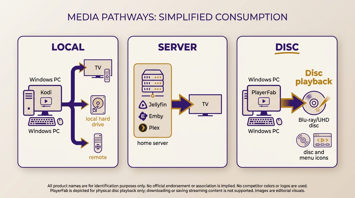 Kodi local playback, Jellyfin/Emby/Plex media servers, and PlayerFab disc playback paths.