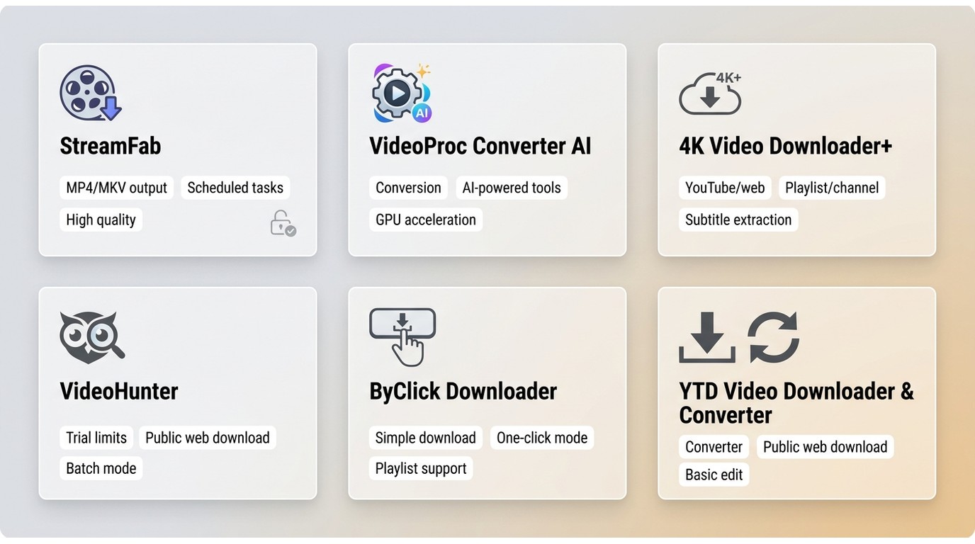 Comparison of StreamFab, VideoProc, 4K Video Downloader+, VideoHunter, ByClick, and YTD