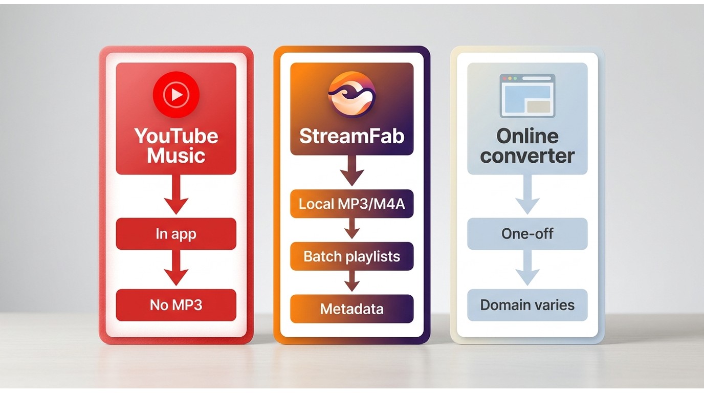 Comparison of YouTube Music Premium, StreamFab, and online converter audio workflows.