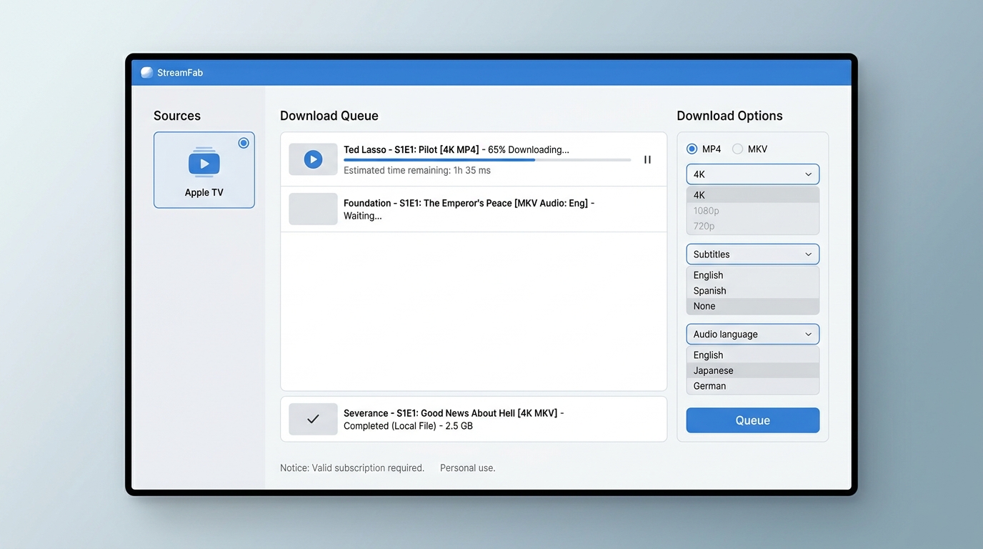 StreamFab Apple TV Downloader with MP4, MKV, 4K, and subtitle options