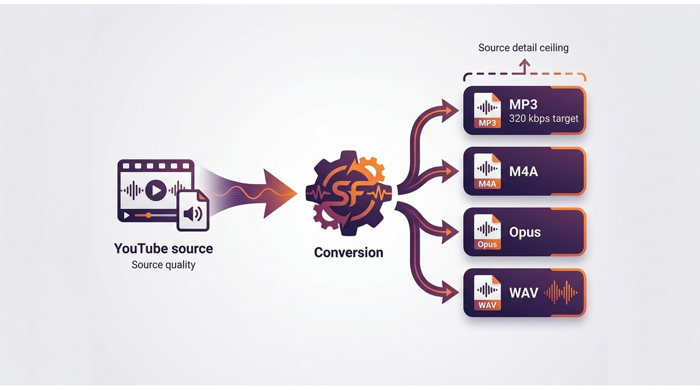 YouTube source quality limits MP3 320 kbps, M4A, Opus, and WAV exports.