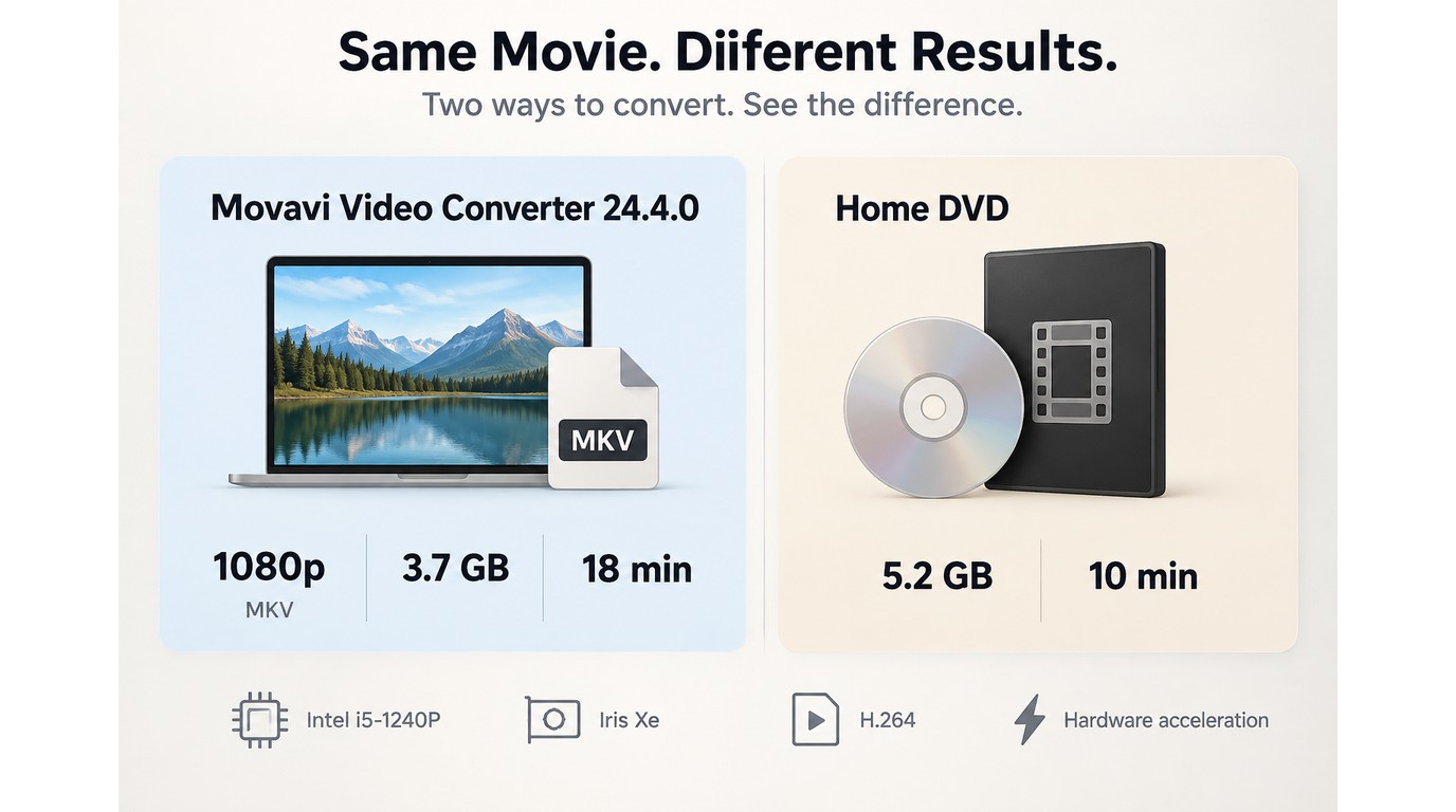 Movavi conversion timing for a 1080p MKV and a homemade DVD folder