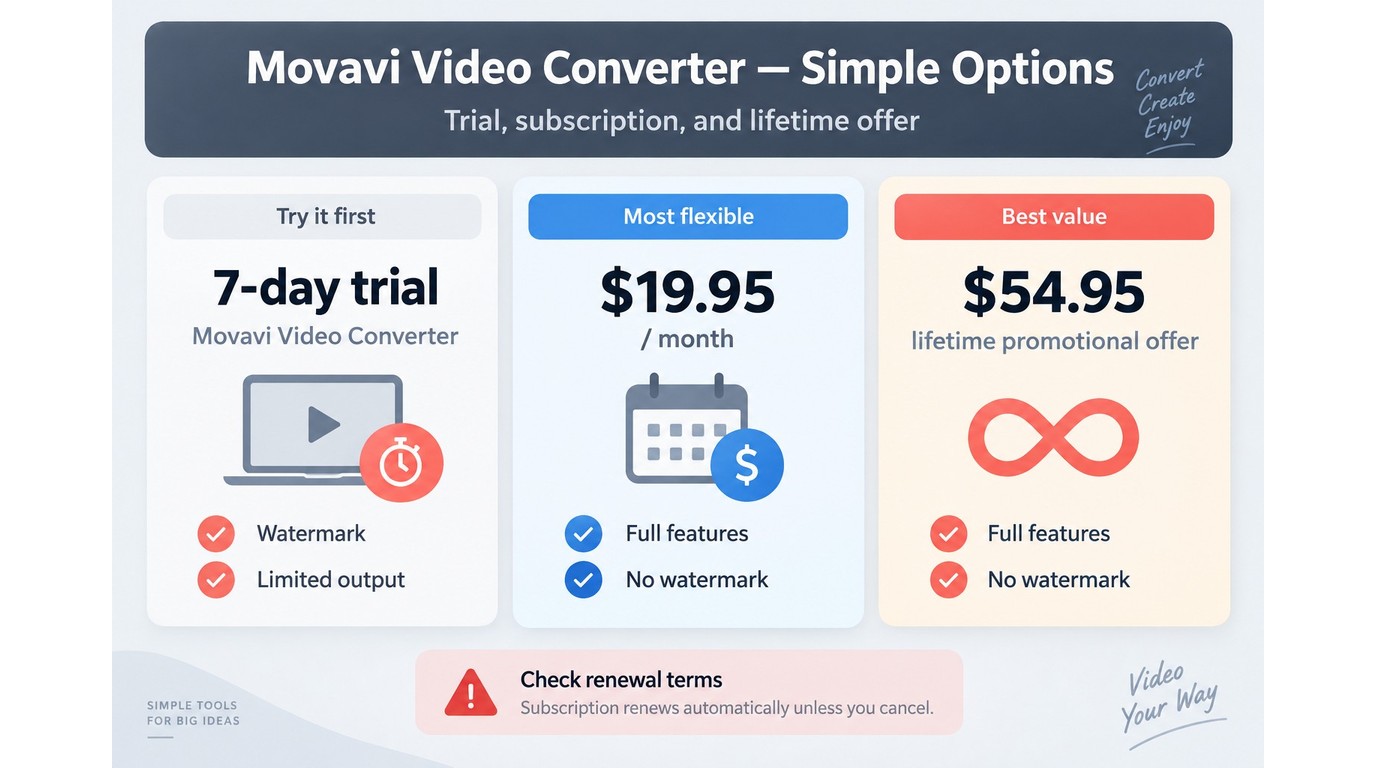 Movavi trial and purchase options with watermark and output limits