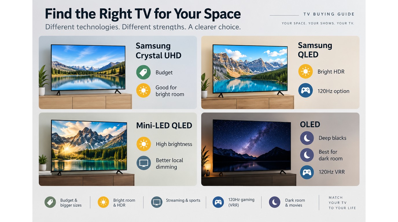 TV choices matched to room conditions, viewing needs, and budget