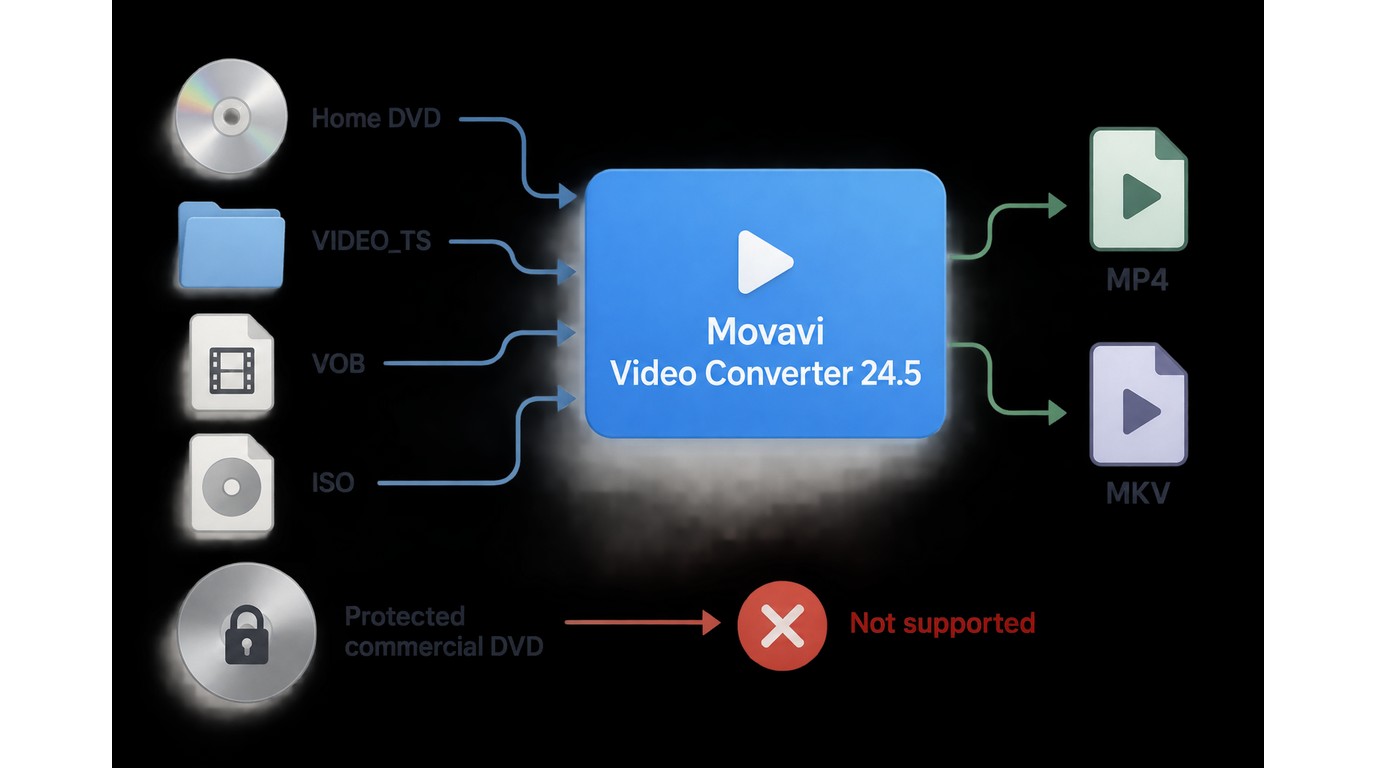 Movavi source compatibility from home DVD, VIDEO_TS, VOB, and ISO to MP4 or MKV