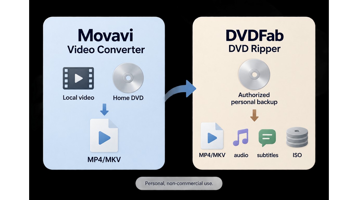 Movavi and DVDFab choices for local files, home DVDs, and authorized disc backups