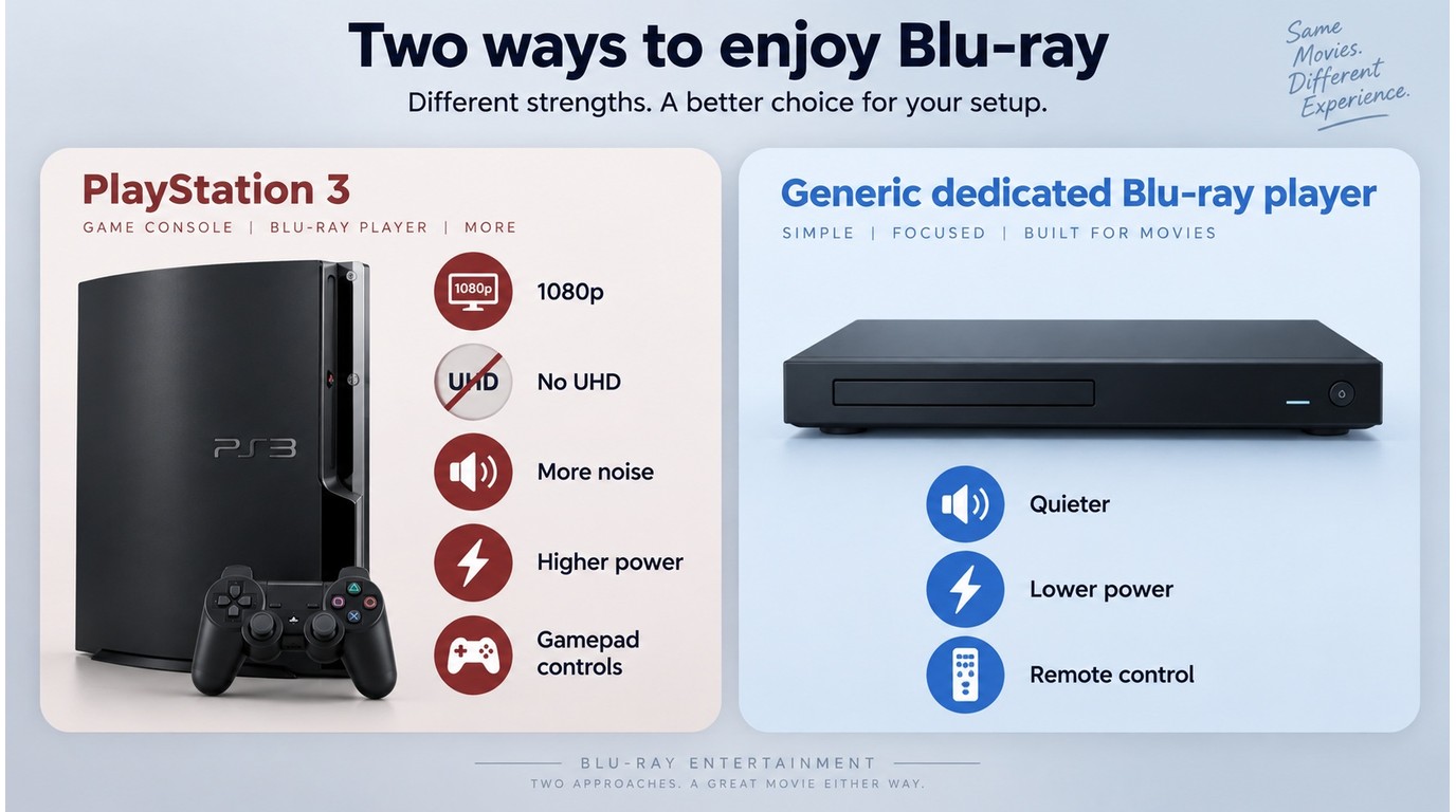 PS3 and a dedicated player compared by resolution, noise, power, and controls