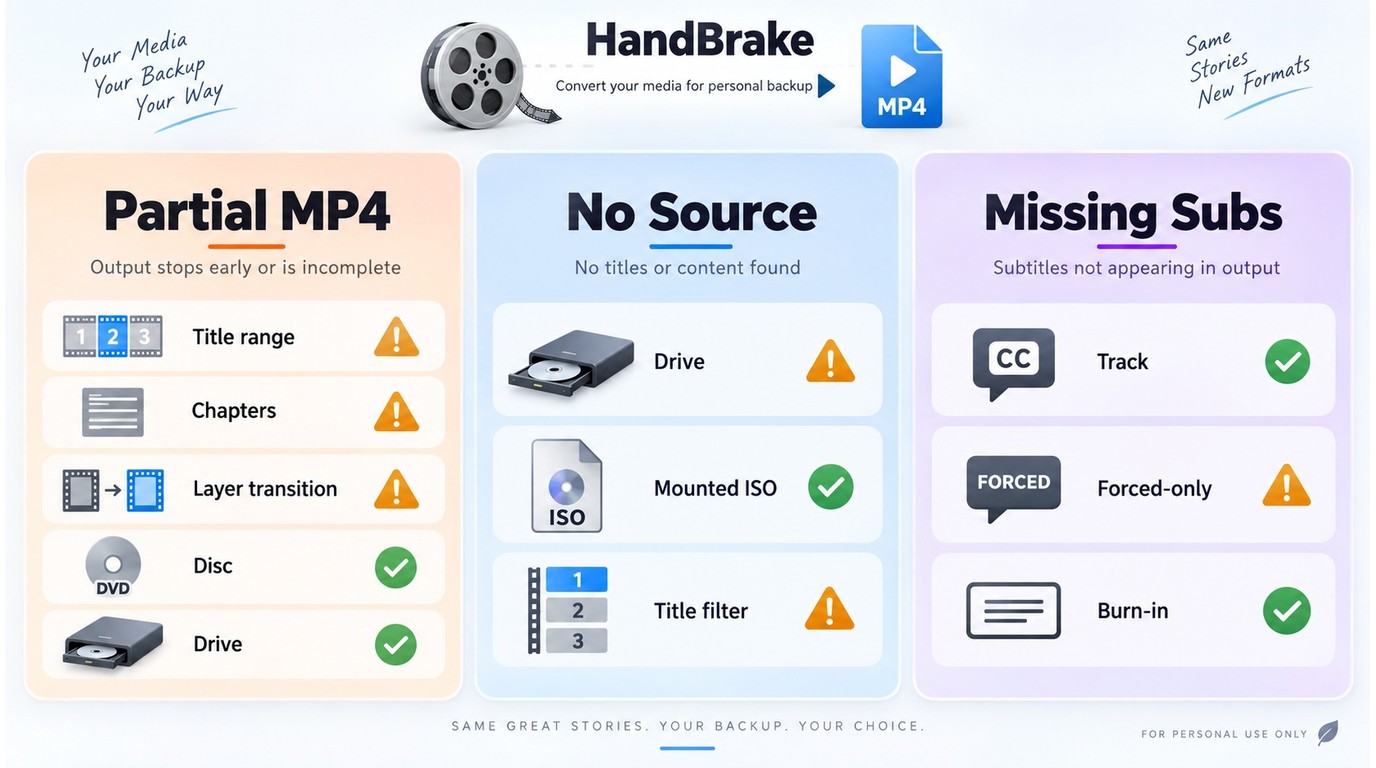 HandBrake troubleshooting paths for partial files, missing sources, and subtitles