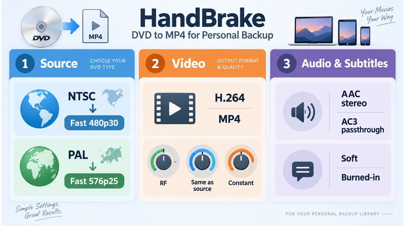 HandBrake DVD settings matched to NTSC, PAL, audio, and subtitle needs