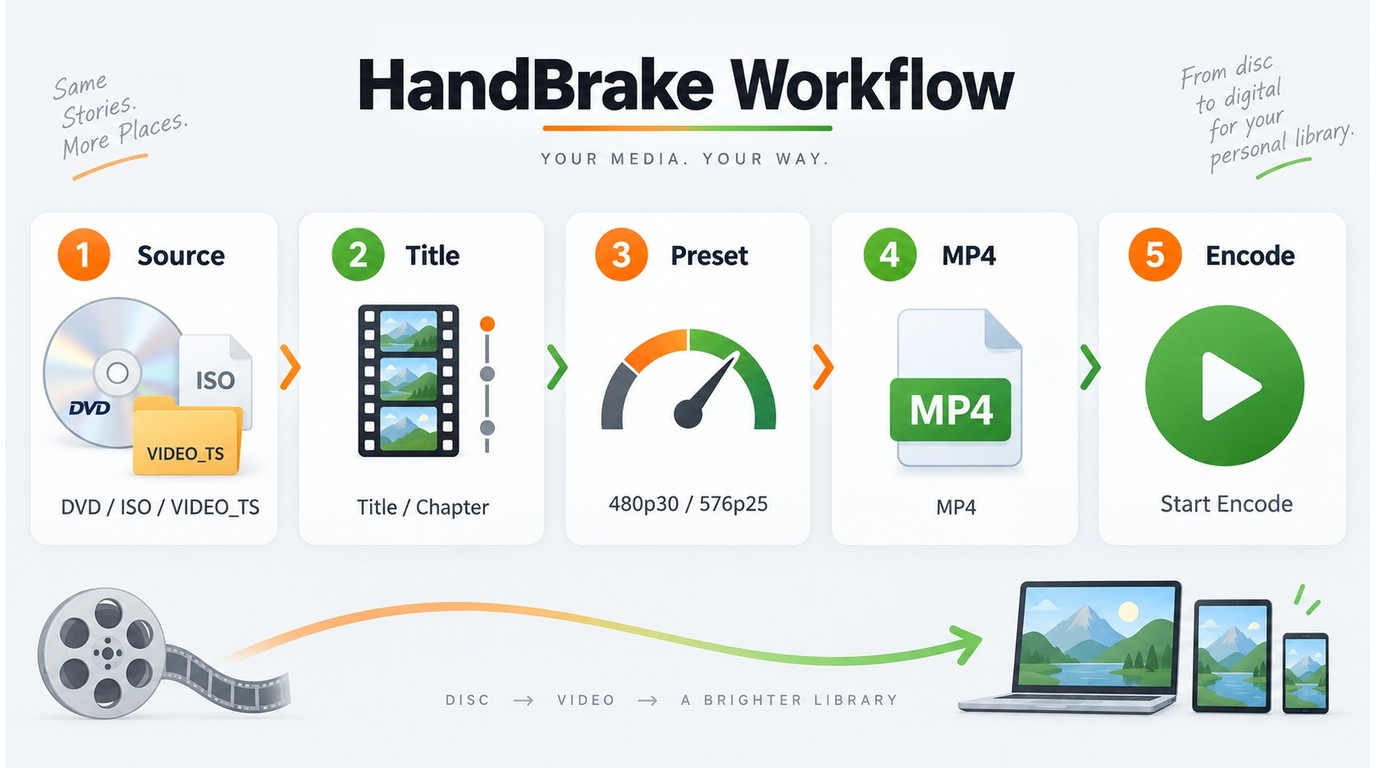 HandBrake workflow from DVD source selection to MP4 encoding
