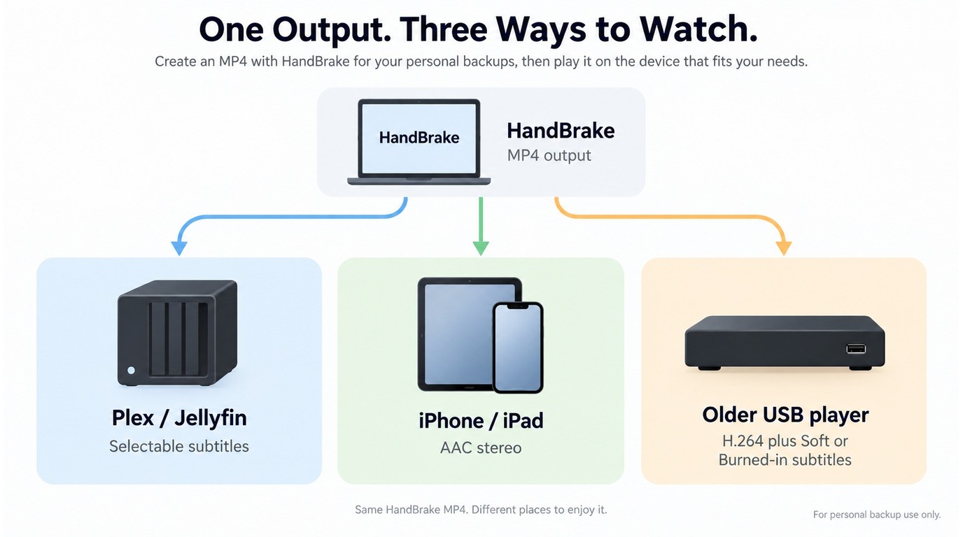HandBrake MP4 choices for Plex, Jellyfin, mobile devices, and USB players