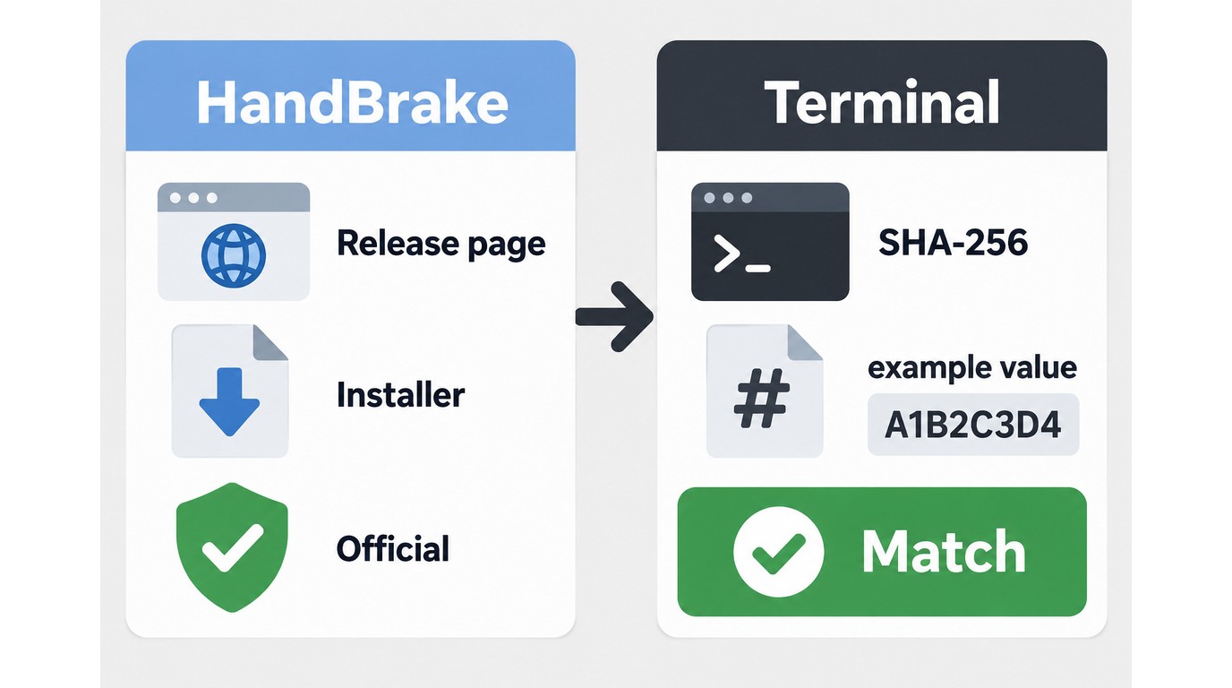 HandBrake release page and local checksum verification showing a matching installer value