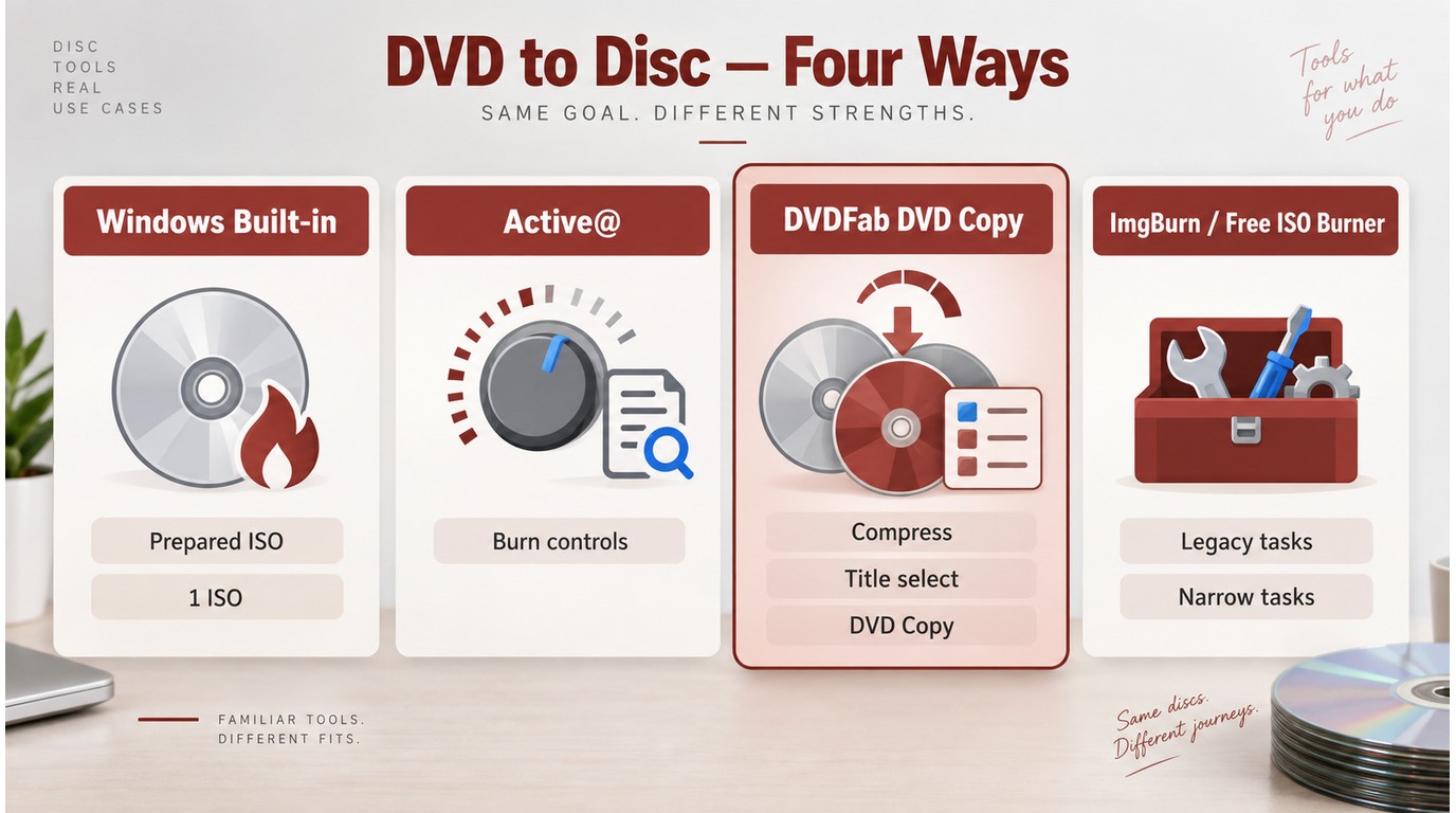Choosing between Windows Disc Image Burner, Active@, DVDFab, and legacy burners