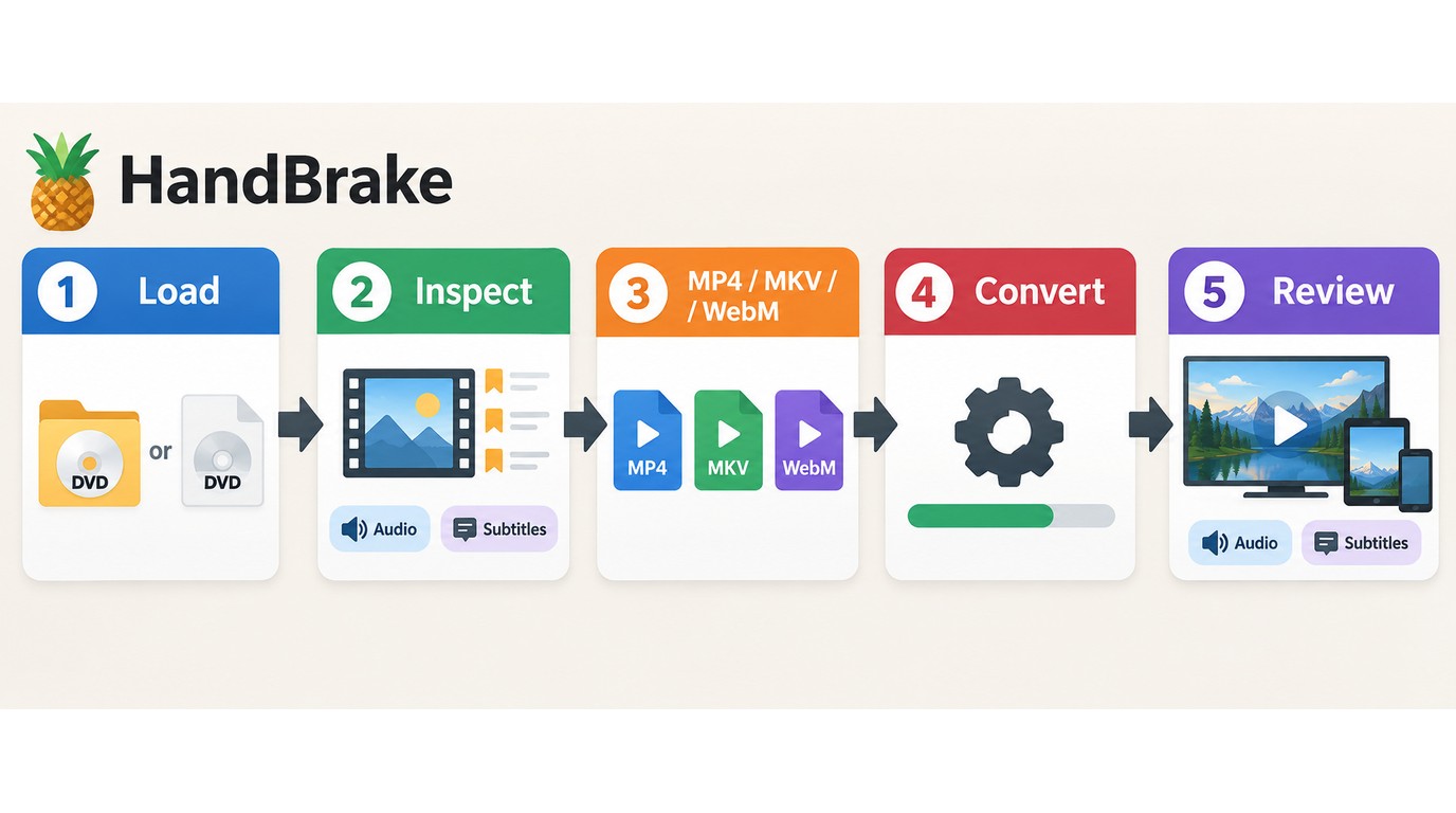 HandBrake workflow from source loading through format selection and playback review