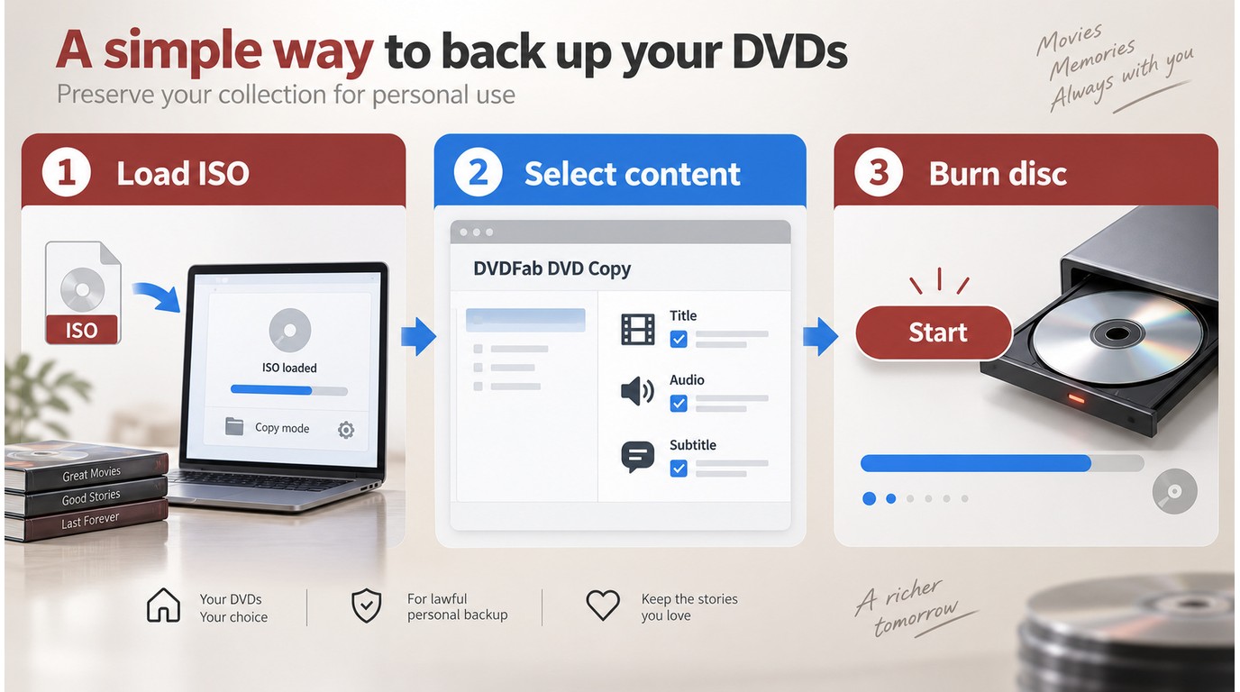 DVDFab DVD Copy workflow for selecting ISO content and burning a disc