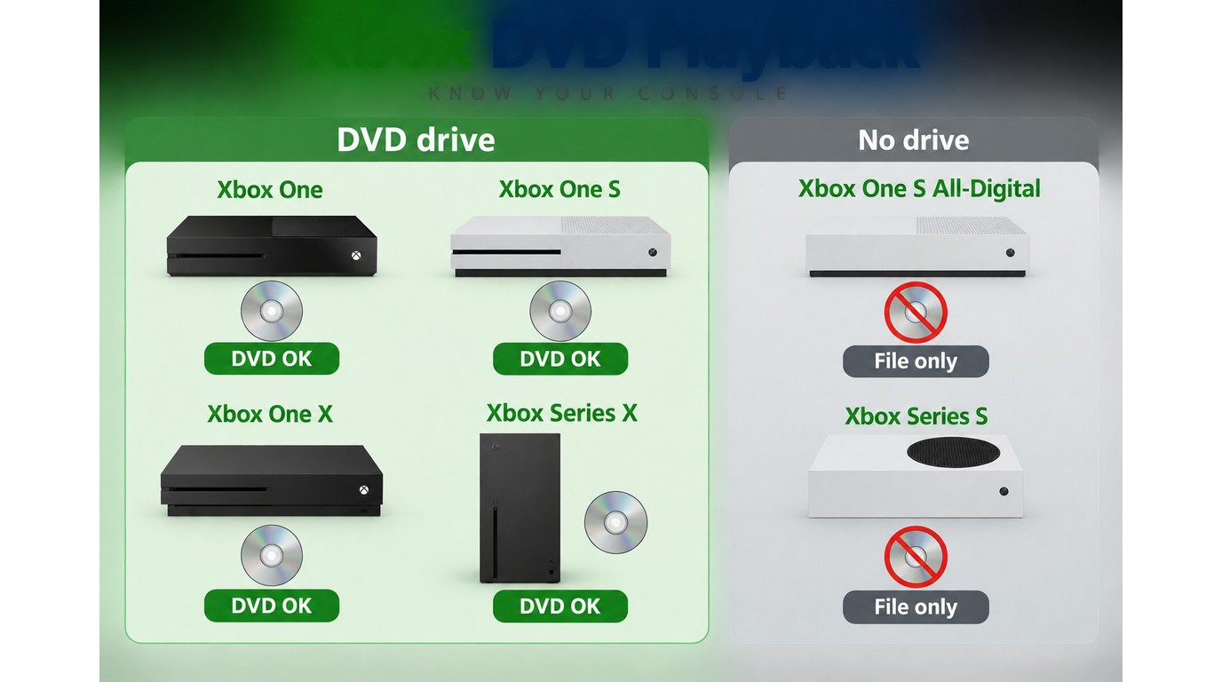 Xbox models compared by DVD drive support and file-only playback limits