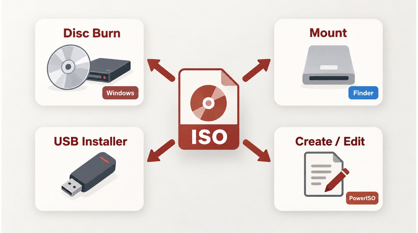 ISO file paths for disc burning, mounting, USB flashing, and ISO creation