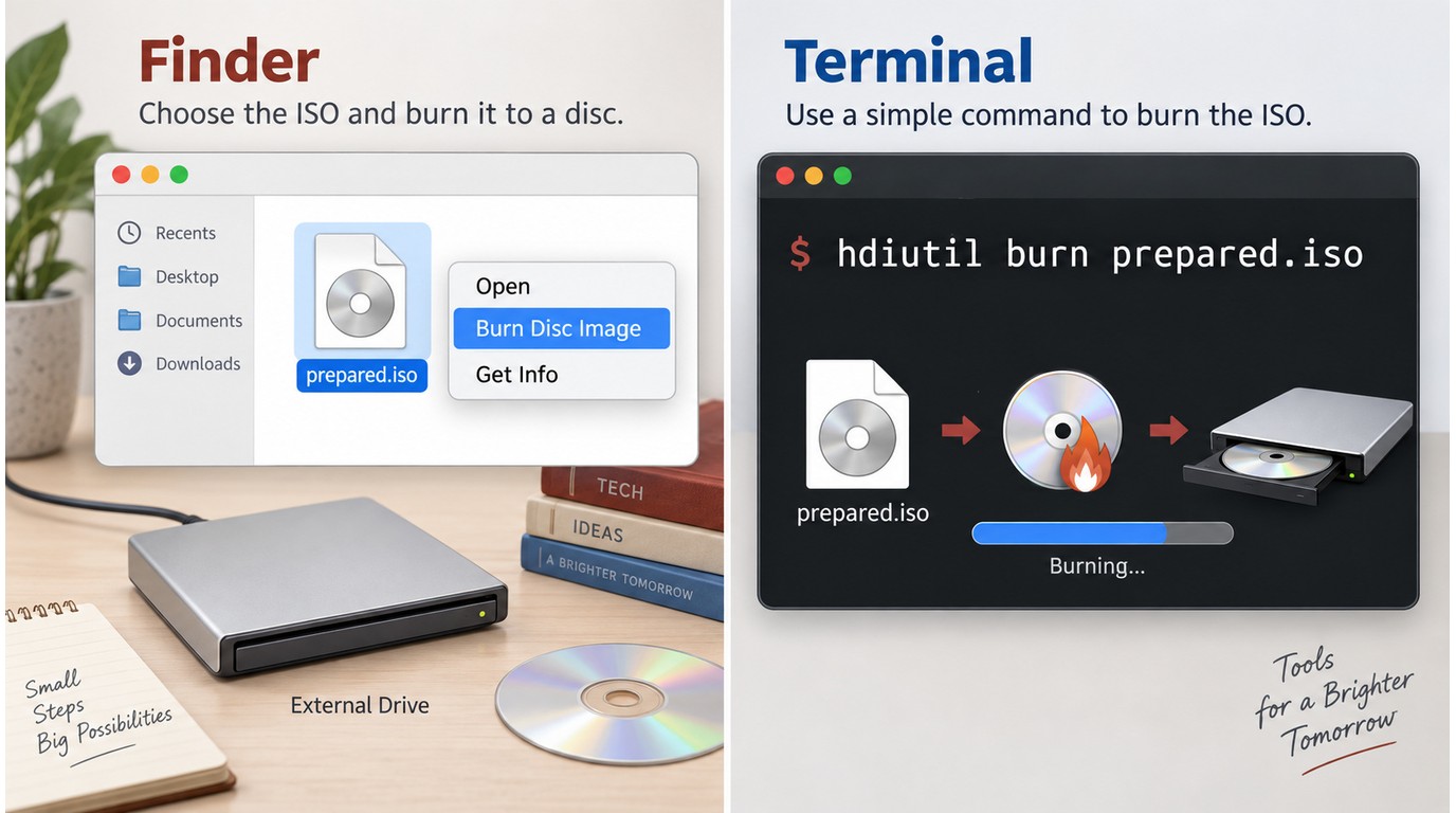 macOS Finder and hdiutil methods for burning a prepared ISO