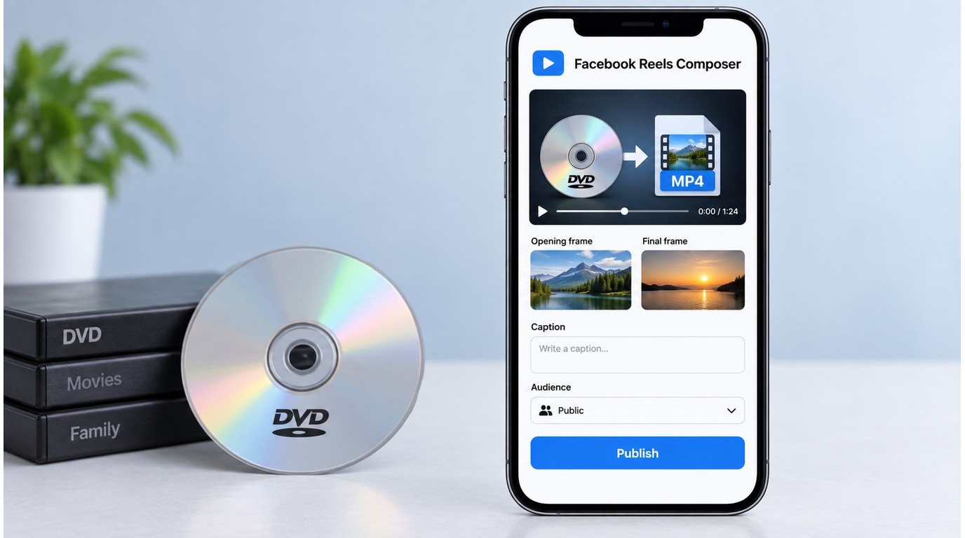 Facebook Reels composer with an MP4 preview, audience control, and publish button