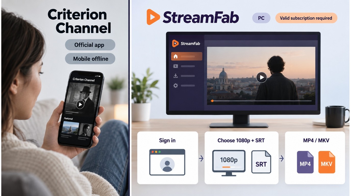 StreamFab workflow for saving a Criterion Channel film as MP4 or MKV with subtitles