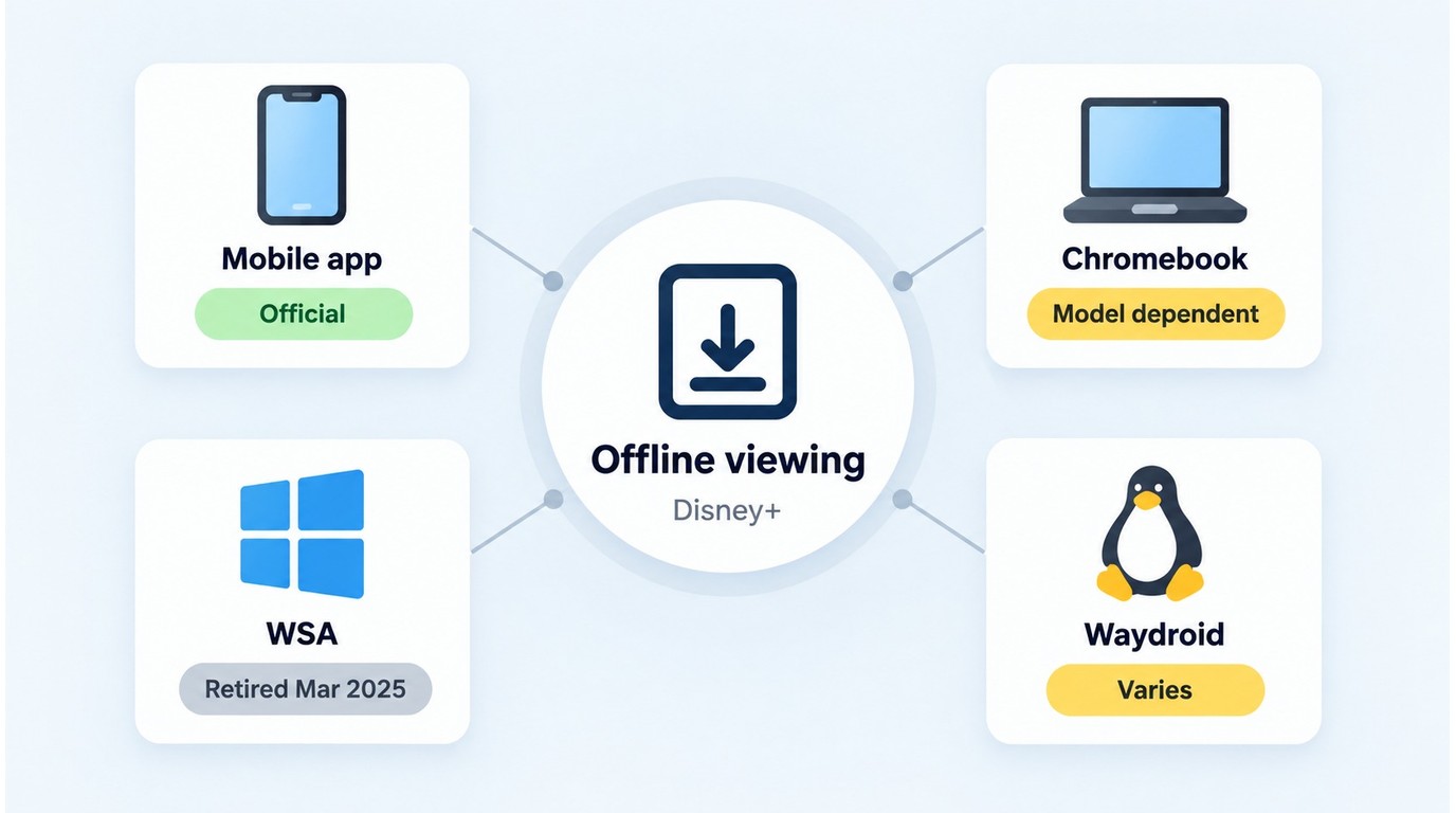 Disney+ mobile is the reliable option, while Chromebook, WSA, and Waydroid have limitations.