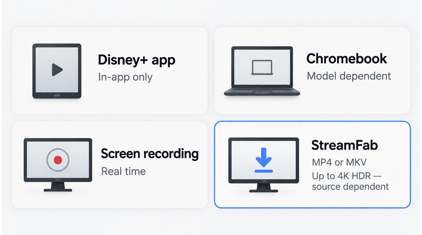 Comparison of Disney+, Chromebook, screen recording, and StreamFab offline viewing options.