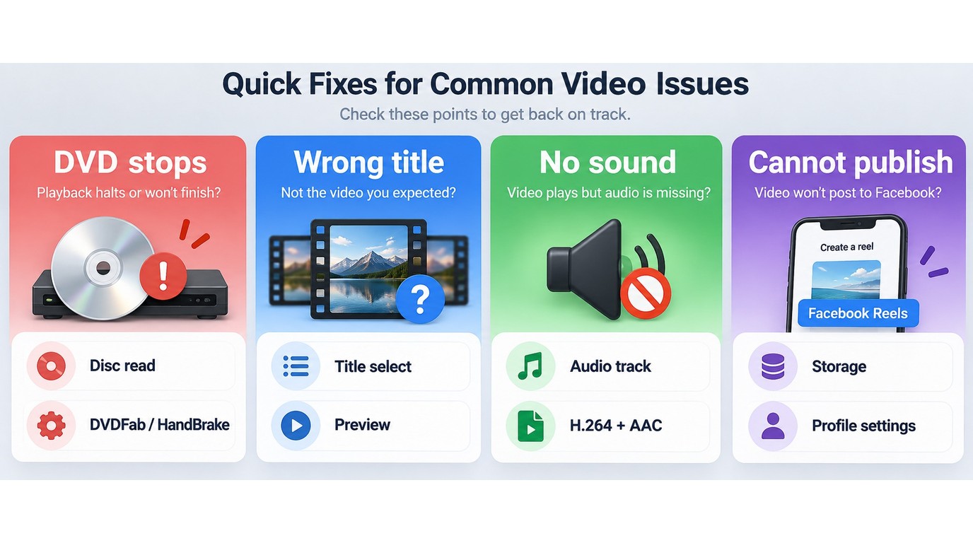 DVDFab and HandBrake checks for DVD reads, MP4 playback, and Facebook publishing