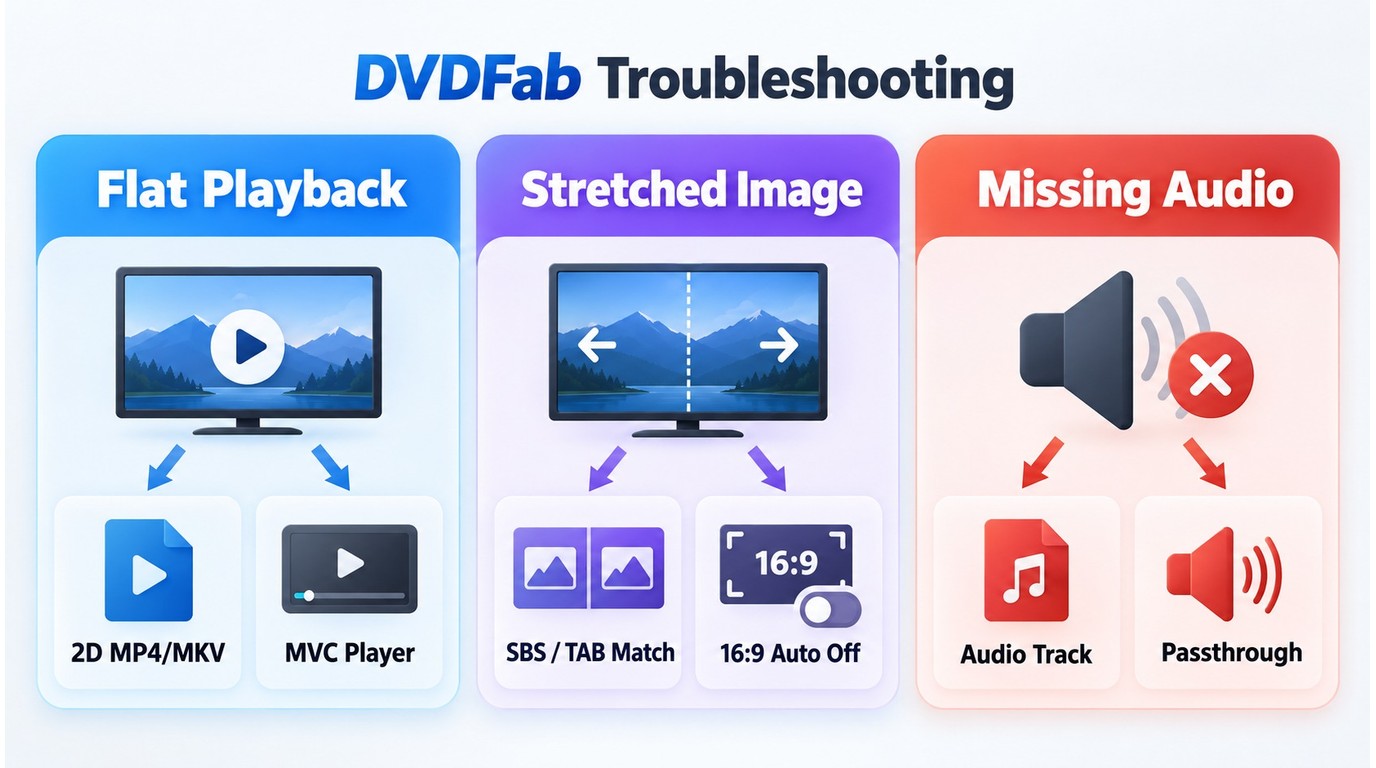 Troubleshooting paths for DVDFab 2D, MVC, SBS, TAB, and audio playback