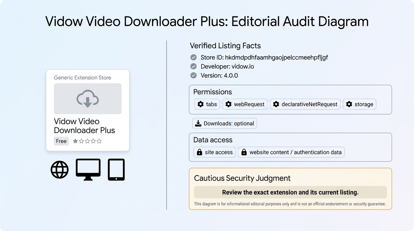 Safety audit of Vidow Video Downloader Plus permissions and store identity