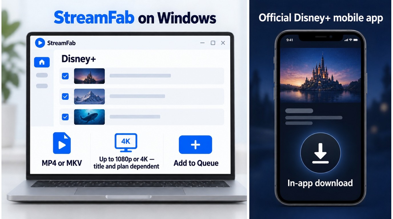 StreamFab queues Disney+ episodes on Windows while the Disney+ app downloads a movie on mobile.