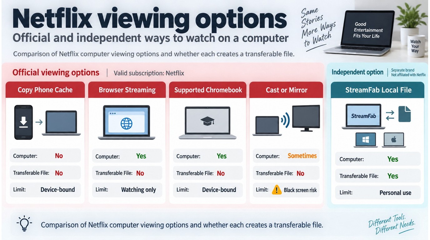 Comparison of Netflix computer viewing options and whether each creates a transferable file