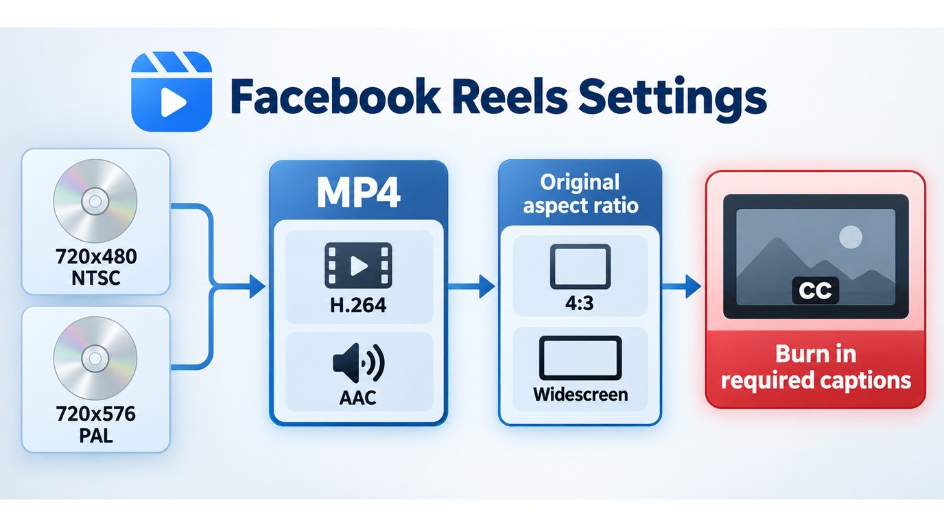 Facebook Reels settings for DVD source resolution, MP4, H.264, AAC, and captions