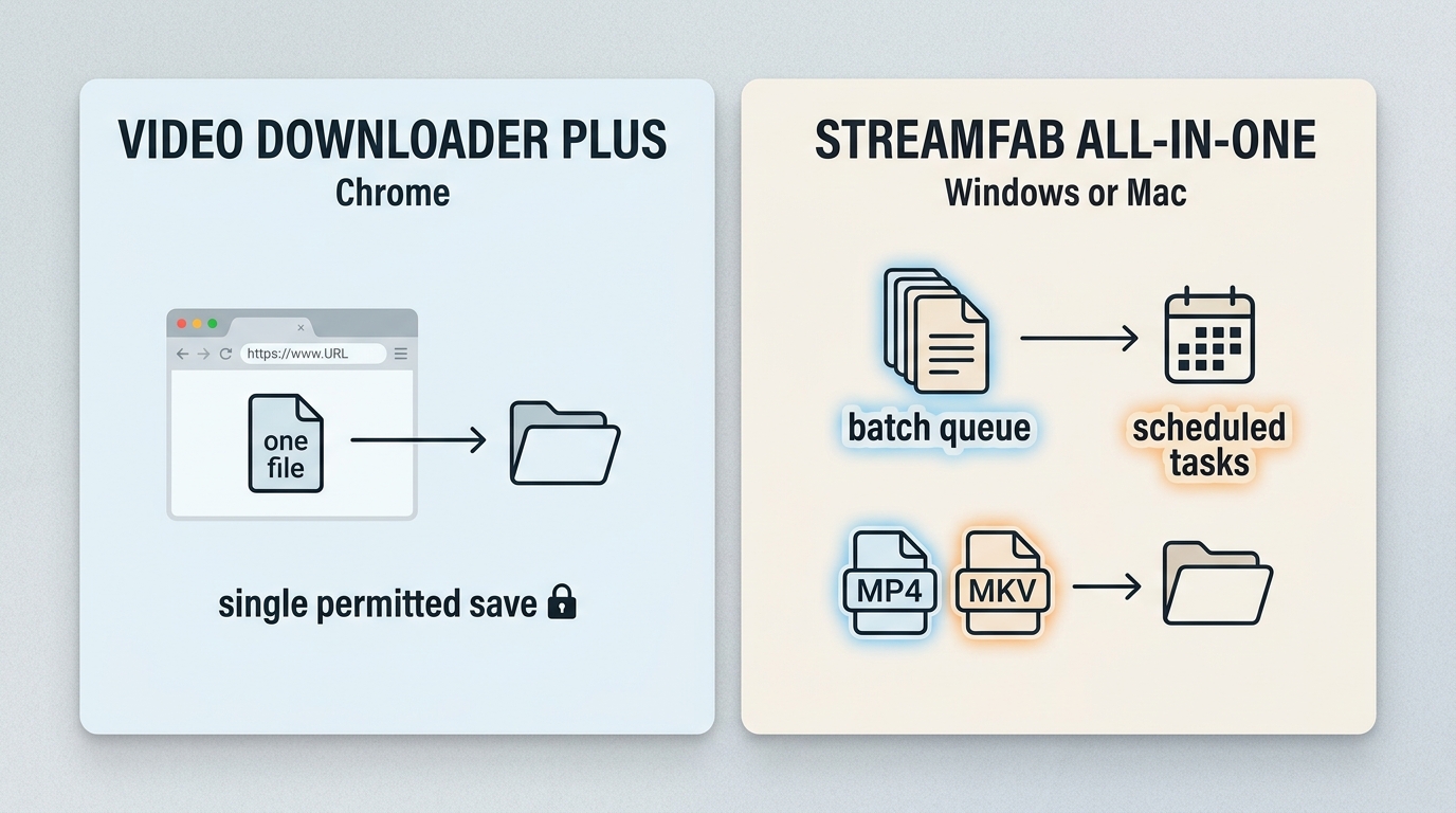 Video Downloader Plus browser workflow compared with StreamFab All-In-One