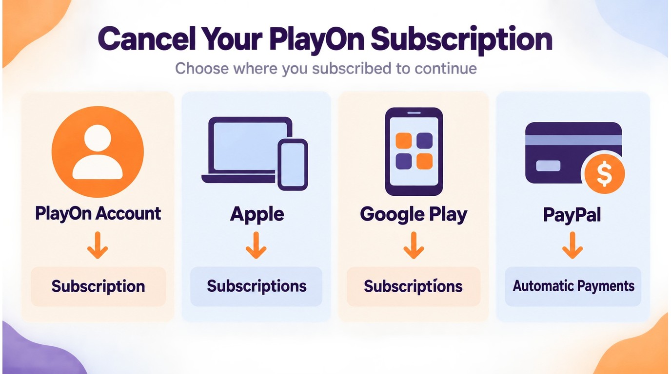 PlayOn cancellation routes for website, Apple, Google Play, and PayPal