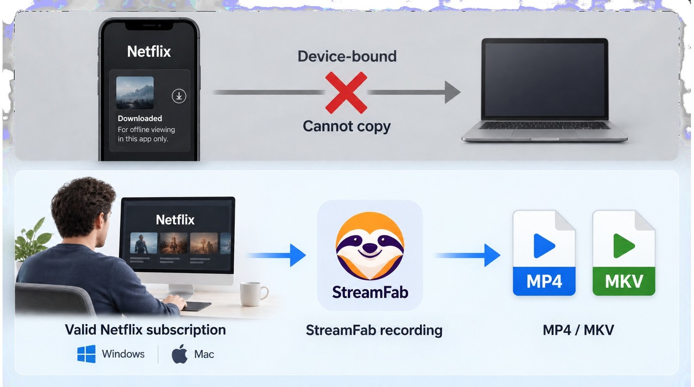StreamFab creates a separate MP4 or MKV instead of moving the phone's Netflix cache
