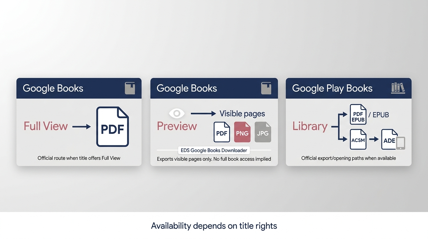 Google Books and Google Play Books routes for Full View, Preview, PDF, EPUB, and ACSM exports