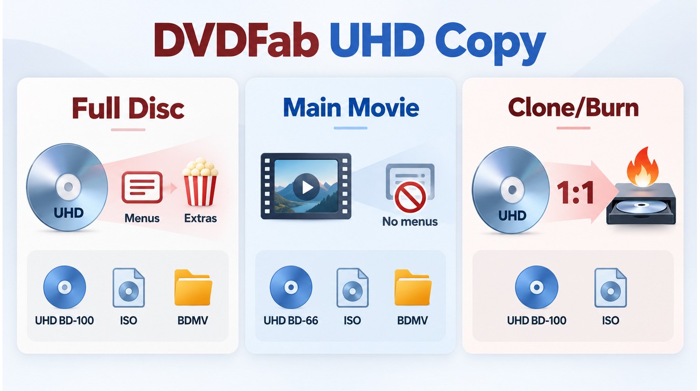 DVDFab UHD Copy modes preserve a full disc, main movie, or 1:1 clone