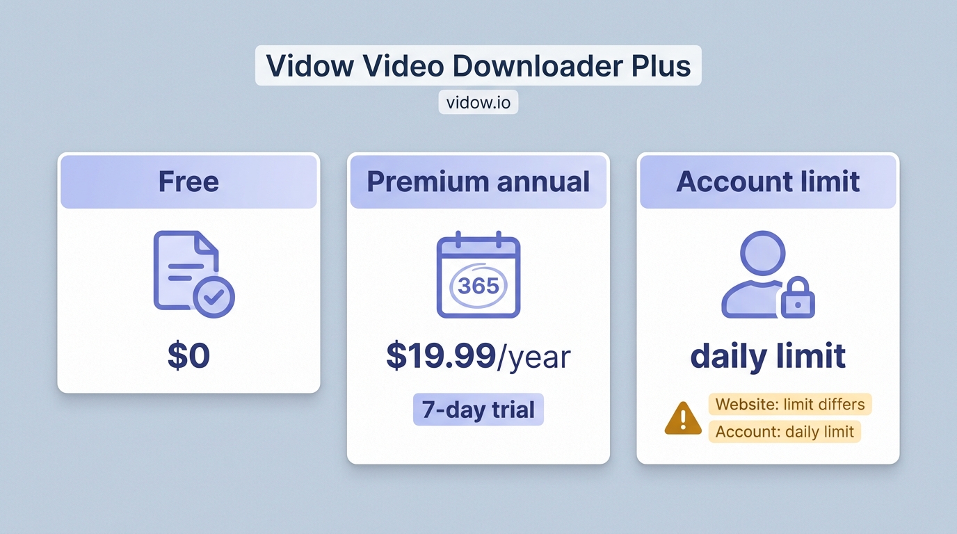 Video Downloader Plus pricing comparison with free limits and Premium trial