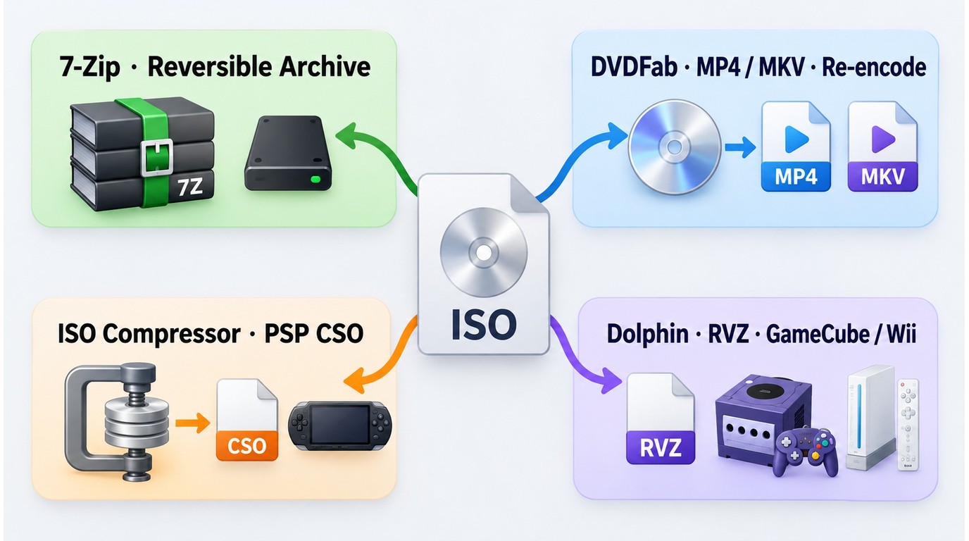 ISO compression paths for 7-Zip, DVDFab, CSO, RVZ, MP4, and MKV