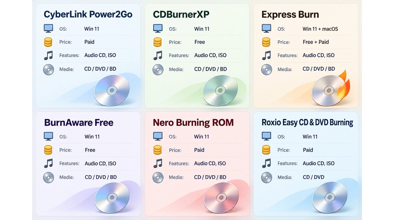 Comparison of six CD burners by OS, price, Audio CD, ISO, and supported disc types