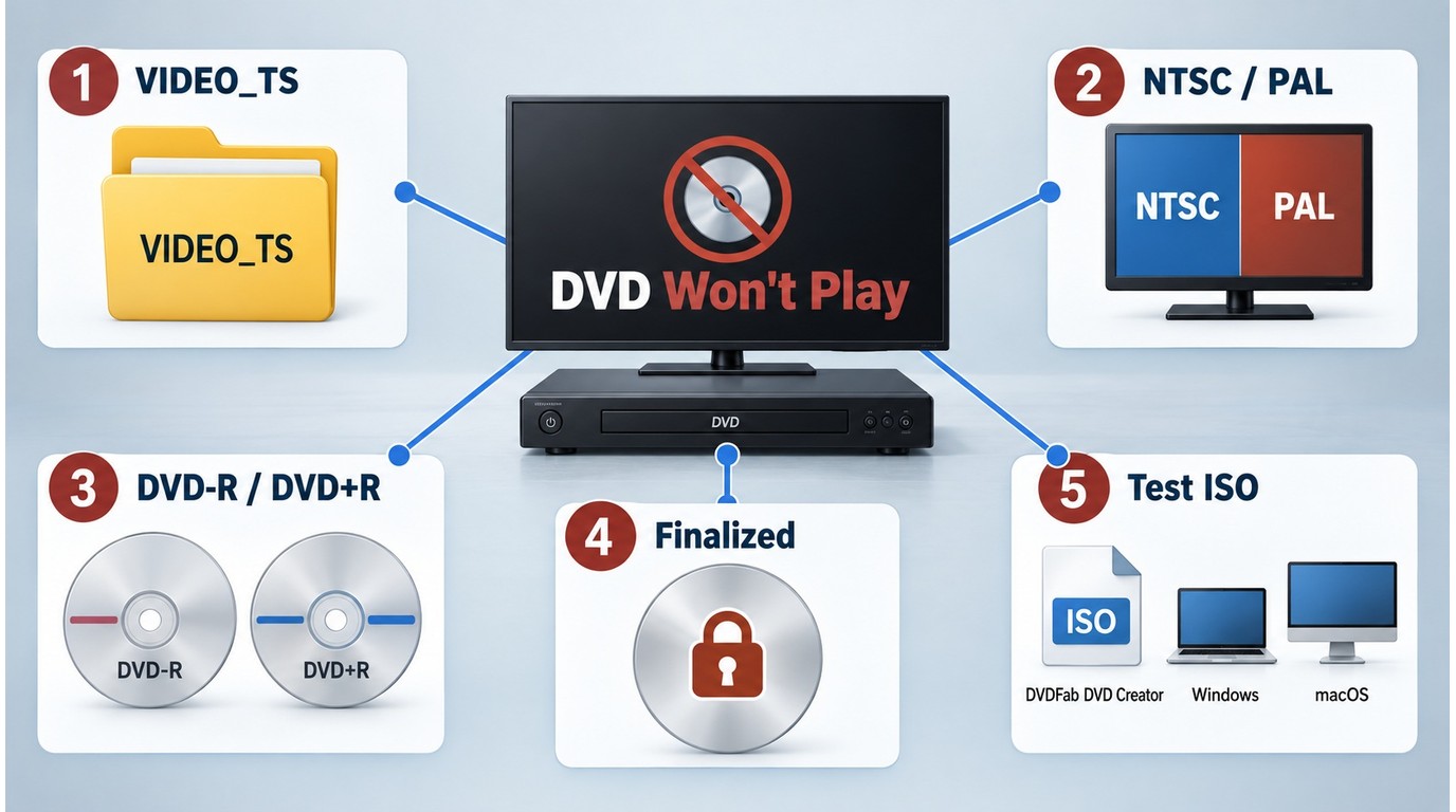 DVD playback checks for VIDEO_TS, NTSC, disc finalization, media type, and ISO testing