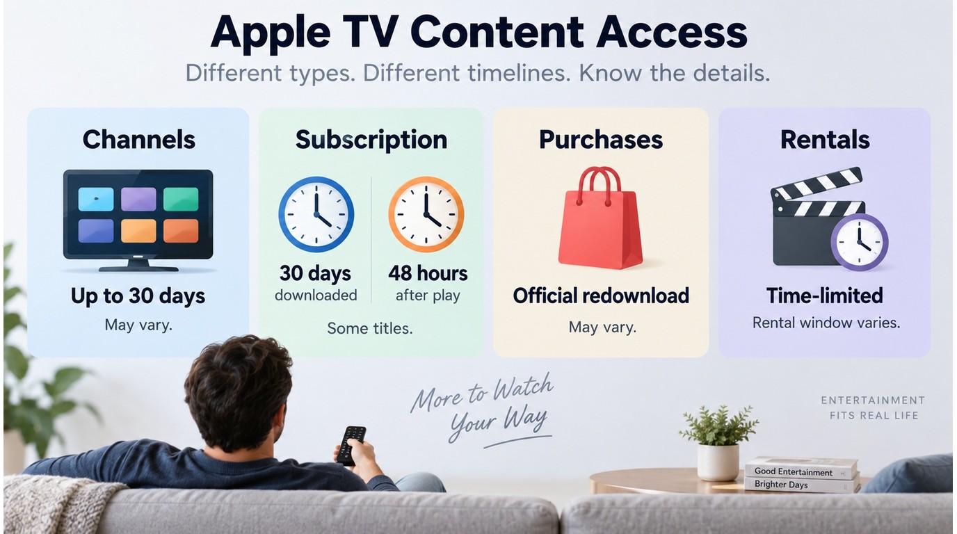 Apple TV expiration windows for channels, subscriptions, purchases, and rentals