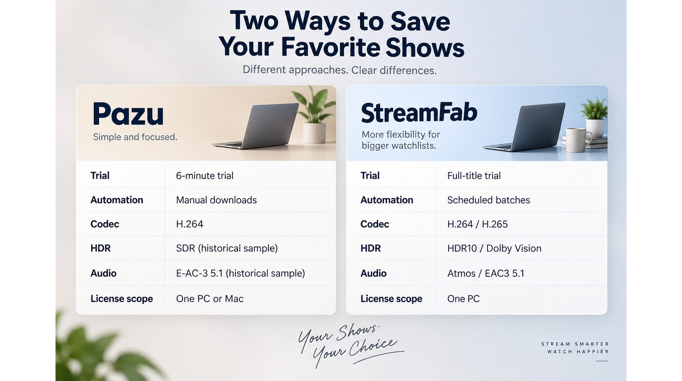 Pazu and StreamFab compared on trial length, automation, codecs, HDR, audio, and license scope