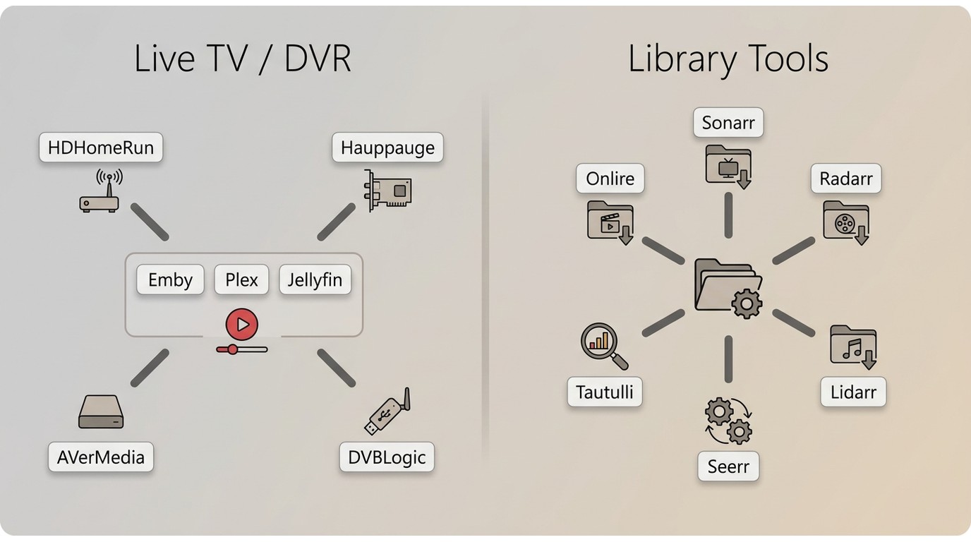 Emby, Plex, and Jellyfin integrations with tuners and media tools