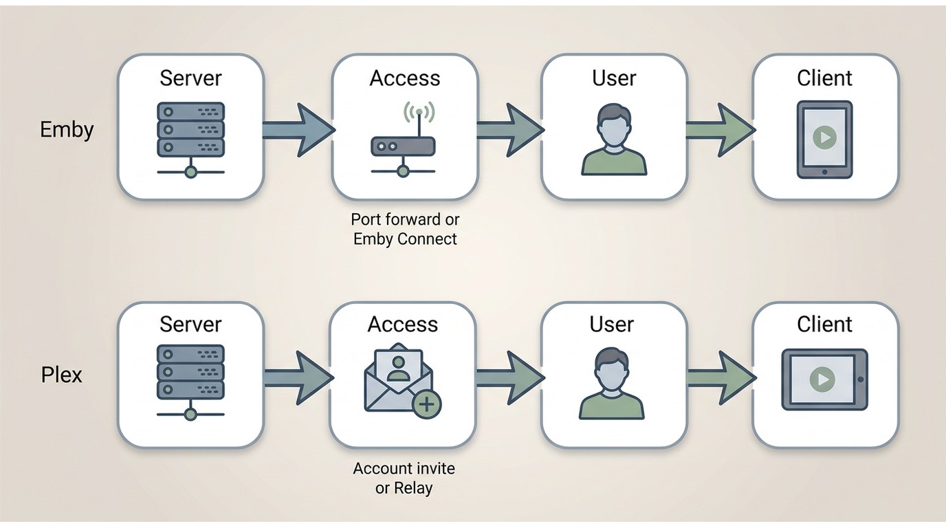 Emby and Plex remote sharing workflows from server to viewer