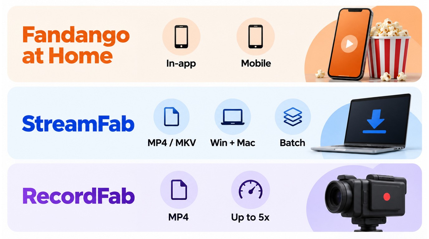 Fandango at Home, StreamFab, and RecordFab offline method comparison